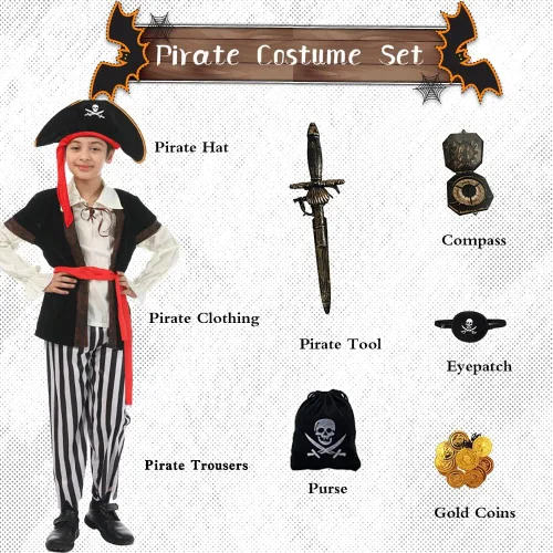 Vista 2 de Qingzhuan Disfraz de pirata para niños, disfraz para niños con sombreros, accesorios de pirata, disfraz para Halloween, fiesta de piratas