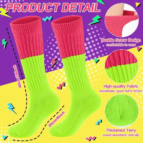 Vista 3 de Calcetines holgados de neón para mujer, calcetines altos hasta la rodilla de los años 80 y 90 con aretes de neón y coleteros para fiesta de los años