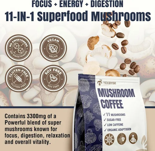 Vista 9 de Café de hongos, 11 hongos superalimentos que incluyen melena de león, reishi, chaga y ashwagandha, café de hongos instantáneo orgánico para energía