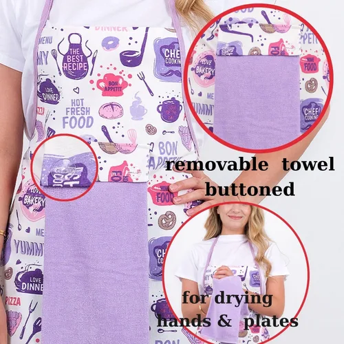 Vista 5 de Juego de 4 delantales de cocina, resistente al agua y a las manchas, tela transpirable, guantes y guantes para horno, soporte para ollas, toalla