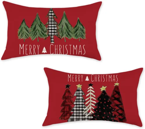 Vista 22 de ONWAY Juego de 2 fundas de almohada de Navidad de 16 x 16 pulgadas, fundas de almohada de Navidad de búfalo rojo a cuadros, color negro y verde Beige