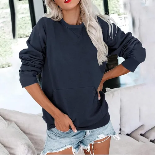 Vista 2 de Sudadera de manga larga para mujer, casual, cuello redondo, linda, con hombros caídos, sudadera ligera con bolsillo