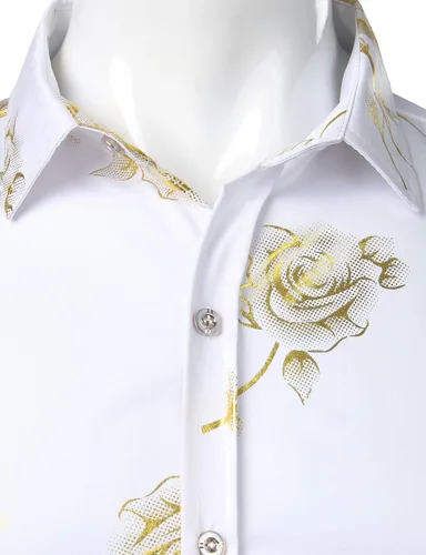 Vista 3 de ZEROYAA Camisas de vestir de manga larga con botones y estampado floral de rosas doradas 3D para hombre
