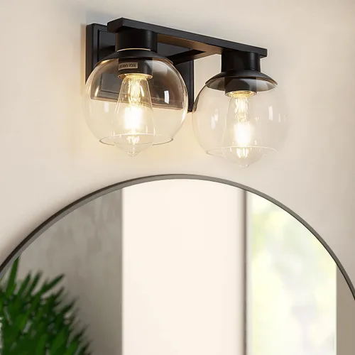 Vista 10 de Juego de 2 apliques de baño de latón cepillado, juego de dos apliques de pared dorados, lámpara de tocador de baño con pantalla de vidrio
