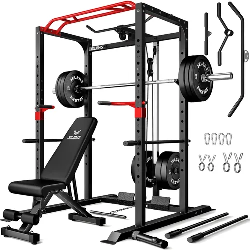 Vista 18 de Jaula de potencia JELENS, banco multifunción S11 con capacidad de 2000LBS, barra para sentadillas con sistema de poleas ajustable y más accesorios