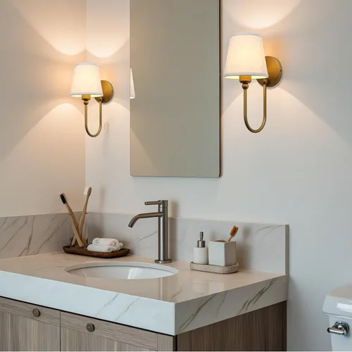Vista 2 de Antique Linen Fabric Wall Sconces Set of 2, Hardwired Curved Arm Bathroom Vanity Light, Indoor Wall Decor Lamp for Living Room, Kitchen, Bedroom