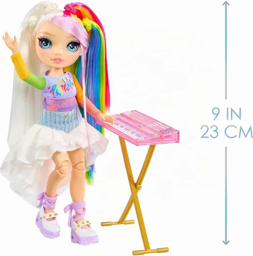 Vista 4 de Rainbow High Jr High Rock Band - Amaya, muñeca de moda arcoíris de 9 pulgadas con teclado, personalizable con calcomanías, posable, gran regalo