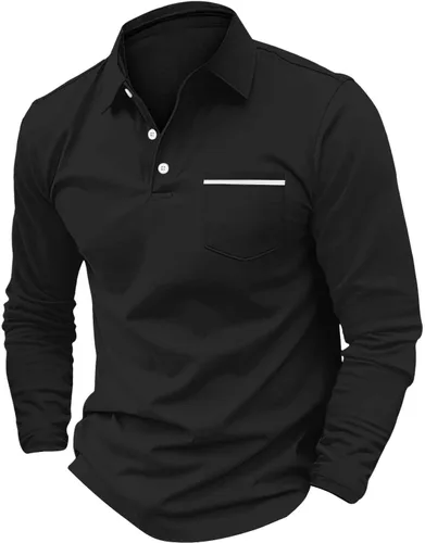 Vista 4 de Polo de manga larga para hombre, diseño casual de algodón con bolsillo, cuello clásico con botón para golf