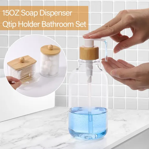Vista 10 de Juego de accesorios de baño de bambú, 4 piezas, soporte para cepillos de dientes transparente, dispensador de jabón de plástico y 2 soportes