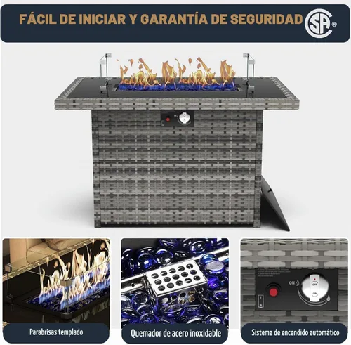 Vista 4 de Mesa para fogón de gas propano de 44 pulgadas para patio exterior, fogón rectangular al aire libre de mimbre de ratán de 60000 BTU con protector