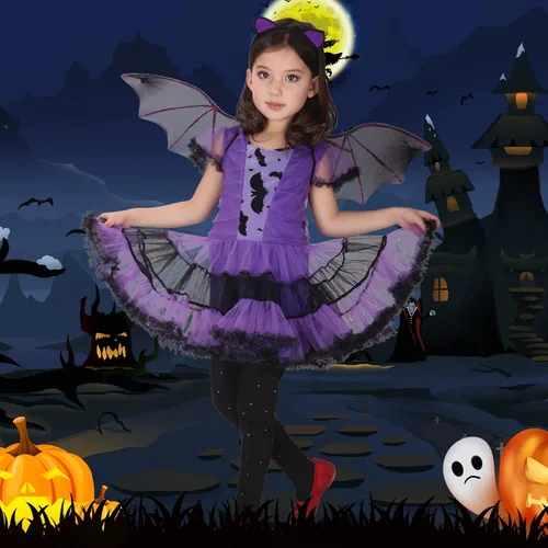Vista 7 de Disfraz de vampiro de murciélago para niñas ropa de Halloween para niños vestido morado para cosplay Morado
