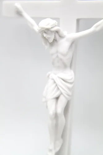 Vista 4 de Crucifijo de pared de 10 pulgadas con cruz de Jesús de piedra blanca Corpus Estatua italiana Escultura Colección Vittoria Made in Italy.