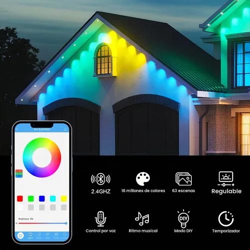 Vista 4 de Luces inteligentes permanentes para exteriores de 148 pies, control de aplicación WiFi, 54 LED IP67, impermeable, iluminación de alero que cambia