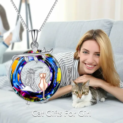 Vista 6 de LUHE Collar de cristal de plata de ley 925 con colgante de oso dragón y reina caballo y niñas, lobo, búho, fénix, gato y niña, regalo de joyería