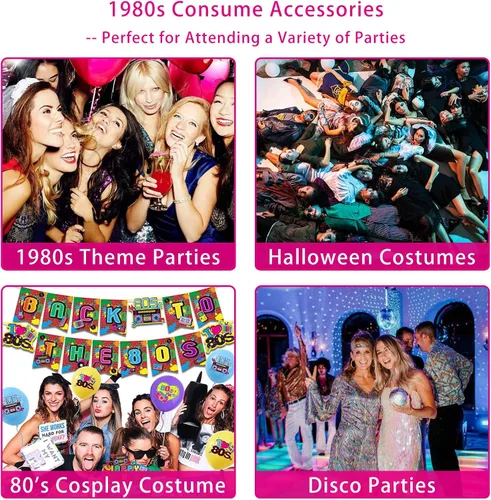 Vista 6 de Disfraz mejorado de los años 80 para mujer, conjunto de accesorios de disfraz de fiesta de los años 80 con camiseta, falda tutú, cintura, etc