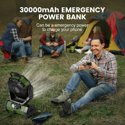 Vista 5 de Odoland Ventilador de camping de 30000 mAh con linterna LED, recargable, funciona con batería, oscilante con control remoto y gancho, ventilador