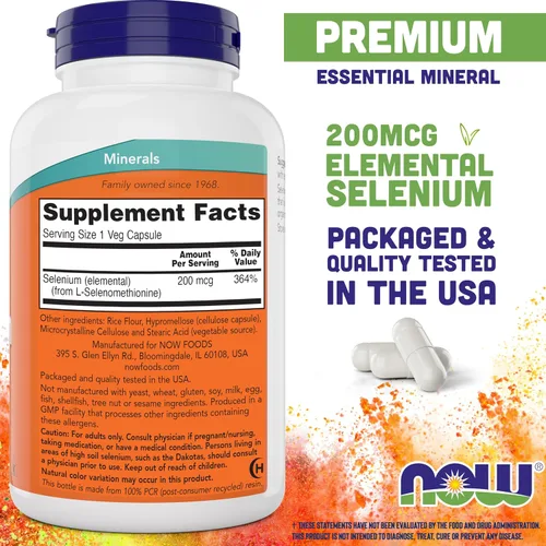 Vista 2 de Now Cápsulas de selenio de 200 mcg, 300 unidades (paquete de 2) – L suplemento mineral de selenometionina para mujeres y hombres – Gorras vegetales