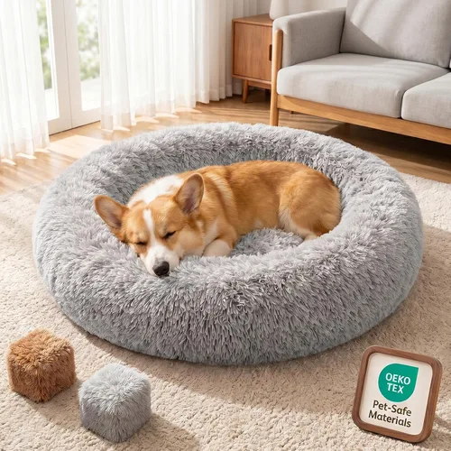 Vista 13 de Cama ortopédica con forma de dona de alta calidad para perros de tamaño grande, cama ortopédica de espuma viscoelástica doble para perros