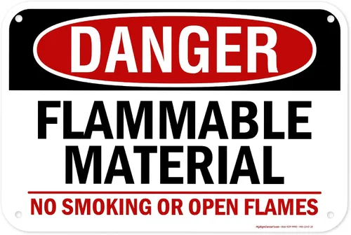 Vista 14 de Cartel de peligro de material inflamable No Smoking or Open Flames, 7 x 10 pulgadas, libre de óxido, aluminio 040, resistente a la decoloración