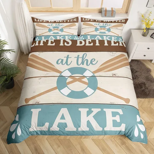 Vista 14 de Erosebridal Lake House Twin Bed Set for Boys Girls Kids, Blue and Beige Lakehouse 2Pcs Duvet Cover with Zipper, Rustic Farmhouse Bedding Sets