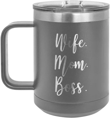 Vista 6 de WIFE MOM BOSS Black 15 oz Coffee Cup w/Slide Top Lid Insulated Travel Coffee Mug Birthday Or Christmas Gift Ideas From Women or Men Compare To