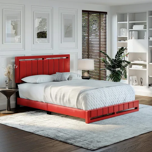Vista 16 de Boyd Sleep Beaumont - Cama de plataforma tapizada con cabecero, base de colchón con 14 soportes de listones de madera, no requiere somier, piel Gris