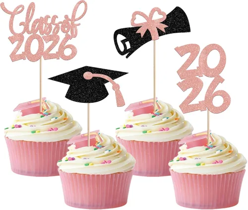 Vista 40 de 24 piezas 2026 temáticas de graduación 2026 decoraciones para cupcakes con purpurina clase de 2026 Diploma Congrats 2026 Tapa de graduación