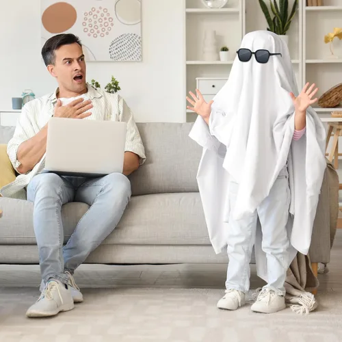Vista 6 de Ramede 6 piezas de disfraz de fantasma de hoja blanca para Halloween, disfraz de fantasma Boo, gafas de sol negras para adultos Halloween Cosplay