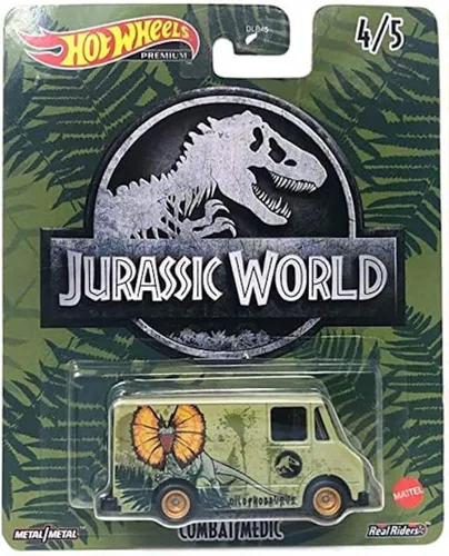 Vista 3 de Hot Wheels Jurassic World 2022 Premium Pop Culture Paquete completo de 5 unidades (DLB45‑946Q) Mosasaurus Bus, panera 'azul', T‑Rex Unimog, flujo