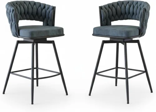 Vista 9 de Juego de 2 taburetes de bar giratorios de tela de gamuza con giro de 360°, base de metal y reposapiés, respaldo tejido tapizado para comedor, mesa