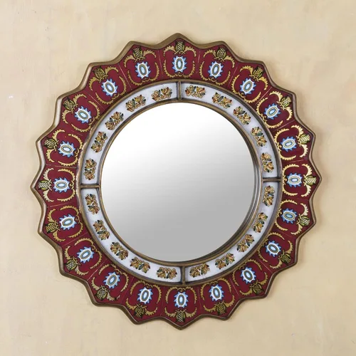 Vista 2 de NOVICA Espejo decorativo de pared con marco de madera de vidrio pintado en reversa rojo de Perú 'Ruby Medallion' (grande)