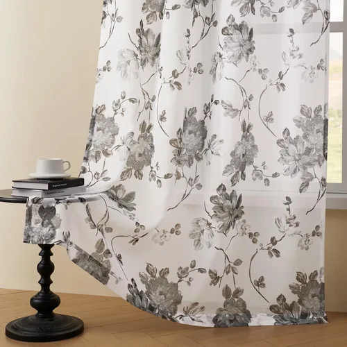 Vista 11 de FOLKSIDE - Cortinas florales azules, 63 pulgadas de largo, juego de 2 paneles, bolsillo para barra, cortinas florales semitransparentes