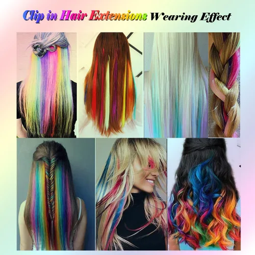 Vista 3 de 24 extensiones de cabello con clip de color, 22 pulgadas de largo, lacio, sintético, multicolor, resaltado para fiestas, para mujeres y niñas