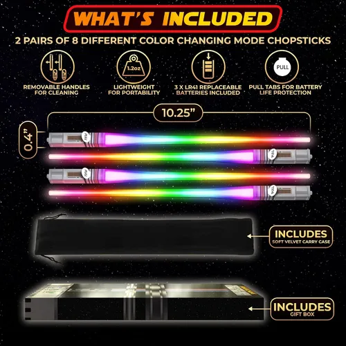 Vista 2 de LIGHTSABER CHOPSTICKS LIGHT UP STAR LED WARS Glowing Light Saber Chop Sticks REUSABLE Sushi Lightup Sabers Removable Handle Dishwasher Safe 8