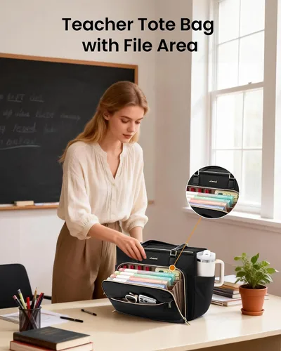 Vista 3 de LOVEVOOK Bolsa de mano para profesores, bolsa para laptop para mujer con portavasos grande y área de archivo de acordeón, bolsa de trabajo