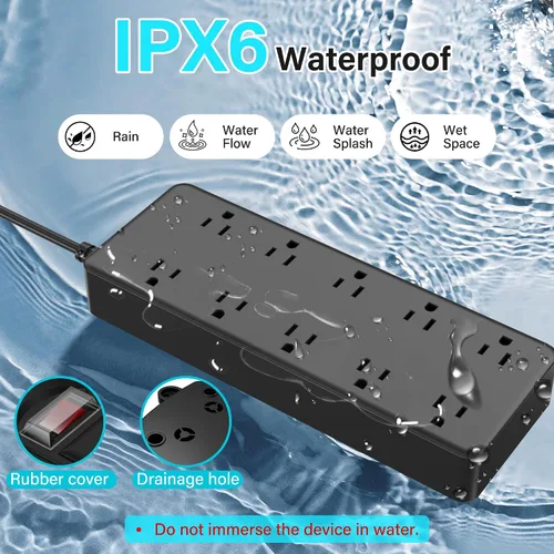 Vista 2 de Tira de alimentación para exteriores de 6 pies, protector de sobretensiones impermeable IPX6, 10 salidas de CA ampliamente espaciadas, cable