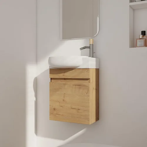 Vista 21 de Tocador de baño flotante de 12 pulgadas con fregadero, tocador de pared de 12 pulgadas, tocador de esquina, con 1 puerta y lavabo de cerámica