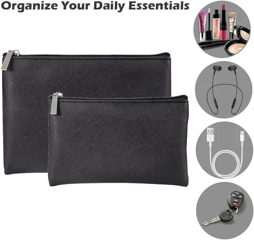 Vista 3 de Juego de 2 bolsas de maquillaje, pequeña bolsa de maquillaje con cremallera, bolsa de cosméticos portátil para viajes, bolsa de belleza de piel Negro