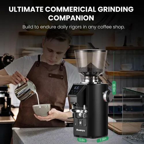 Vista 13 de Huanyu Molinillo de café comercial - Control de pantalla táctil, 8 ajustes de molienda, rebaba plana de 2.520 in, modos de dosificación dual