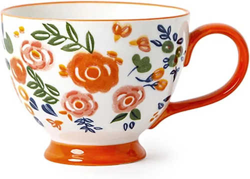 Vista 7 de CHOOLD Elegante taza de café grande de cerámica pintada a mano con patrón floral para té y leche, taza de cereales para cocina, cena, 15 onzas