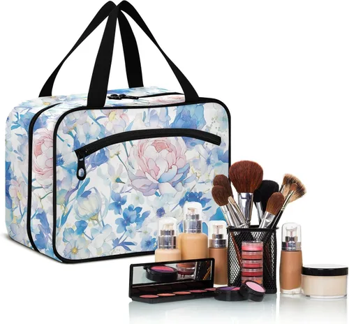 Vista 6 de Acuarela Art Elegante bolsa de viaje colgante de flores azules con gancho, bolsas lavables de diseñador para hombres para viajes esenciales