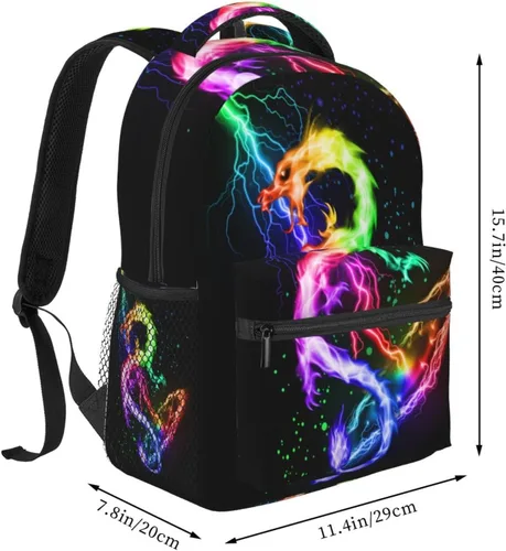 Vista 2 de Mochila con diseño de dragón de fuego rojo y azul para niños, mochilas de relámpago, mochila de animales para 2, 3, 4, 5, 6 grado, para niños