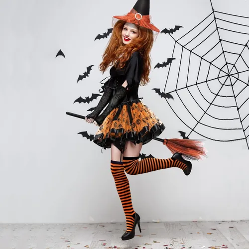 Vista 2 de Witch Costume Women, 5PCS Halloween Costume with Hat Tutu Broom Striped Thigh Socks Gloves Naranja