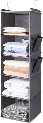 Vista 15 de BOOMIBOO Organizador de armario colgante y estantes, 5 estantes colgantes con 2 bolsillos laterales, almacenamiento plegable (beige)