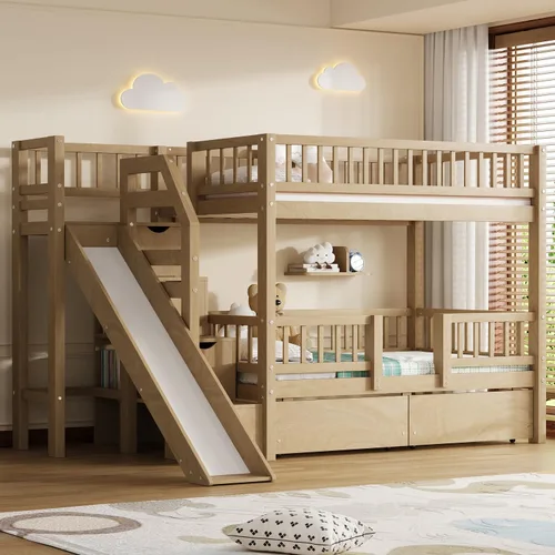 Vista 13 de Harper & Bright Designs Litera Individual sobre Individual con Escaleras y Cama Nido, Marco de Litera de Escalera de Madera Maciza con Espresso