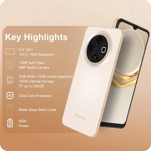 Vista 2 de A3 4G teléfonos Android desbloqueados 6.6” pantalla HD+ Android 12 teléfono inteligente Octa-Core 6(3+3)+16GB/256 TF Dual SIM teléfono celular Dorado