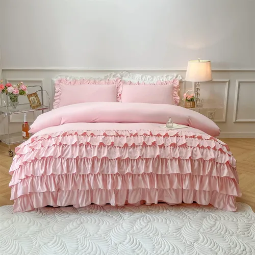 Vista 2 de MOOWOO Ropa de cama para niñas – Funda de edredón con volantes en cascada – 2 piezas Shabby Chic Color sólido suave y transpirable con cierre de Rosa