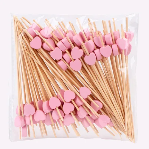 Vista 13 de JtmyAota Paquete de 100 palillos de dientes de frutas, palillos de bambú en forma de corazón, palillos de bambú natural para aperitivos, pastel