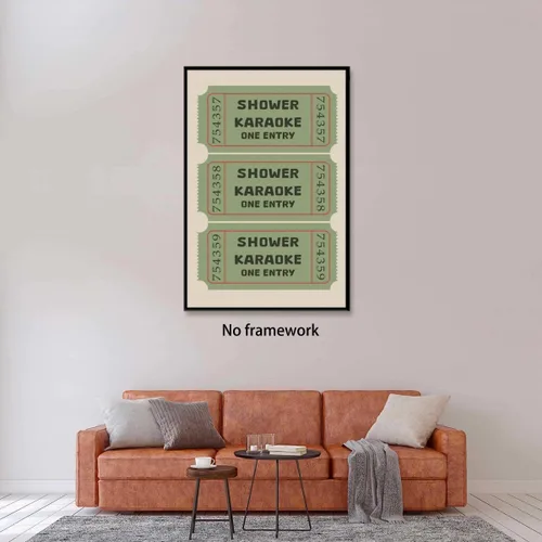 Vista 4 de Divertido arte de pared para baño, vintage, ducha, karaoke, boletos, impresión en lienzo, cuadro de signo de baño funk, imagen verde salvia