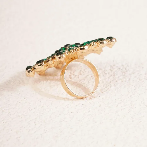 Vista 4 de Jumwrit Anillo redondo grande, anillo de flor de diamantes de imitación verde, anillo de banda de envoltura abierta, anillo de dedo ajustable